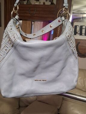 Michael Kors Pale Blue Pebbled Leather Studded Shoulder Hobo